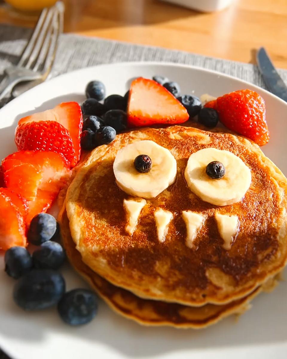 Plate of monster pancakes decorated with banana eyes and fresh berries.