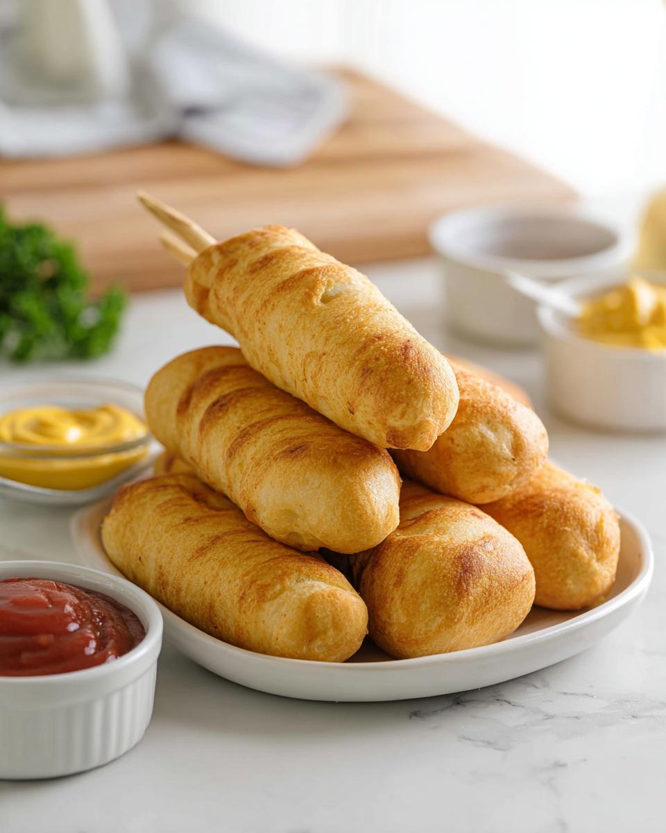 Stack of freshly baked mummy corn dogs served with ketchup and mustard.