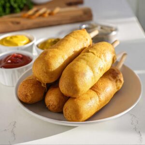 Plate of golden-brown mummy corn dogs with dipping sauces.