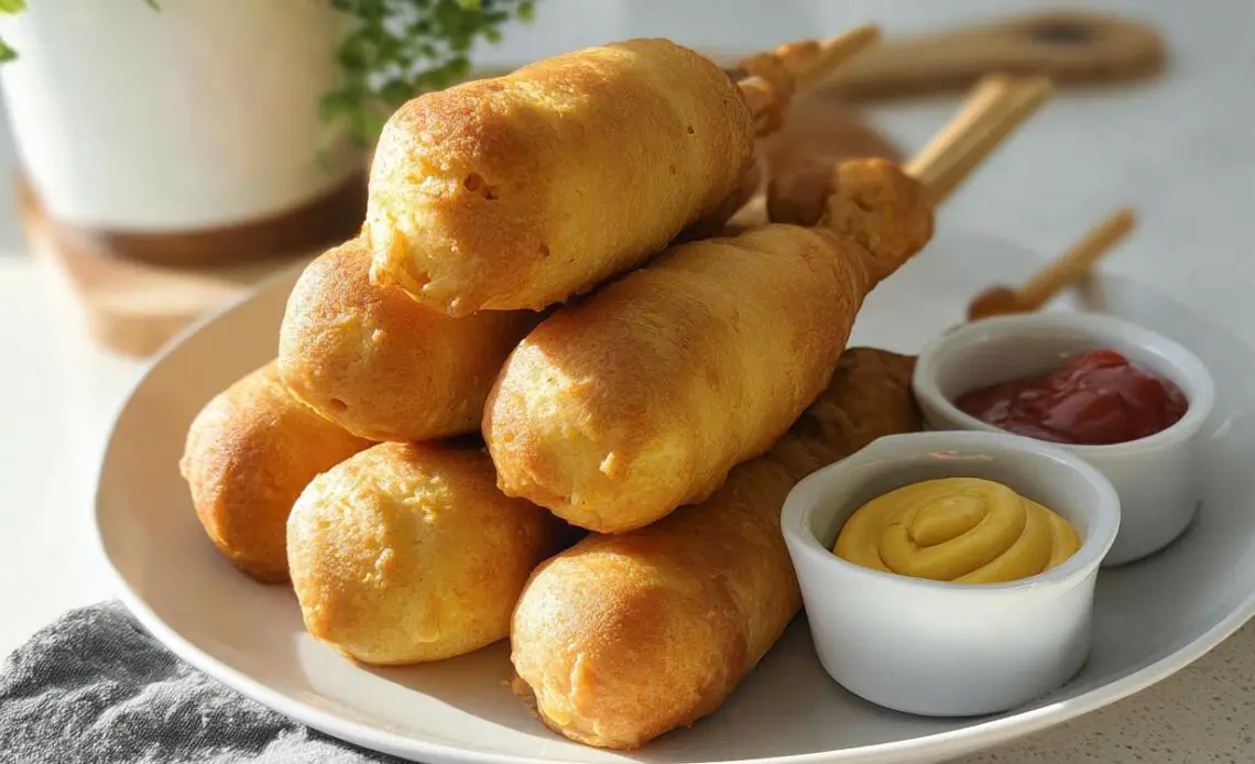 Plate of mummy corn dogs in the oven served with ketchup and mustard.