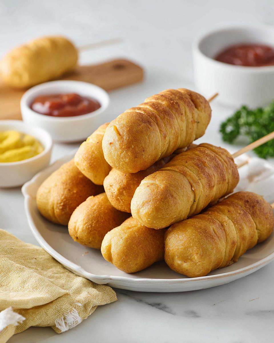 Plate of mummy corn dogs served with ketchup and mustard.