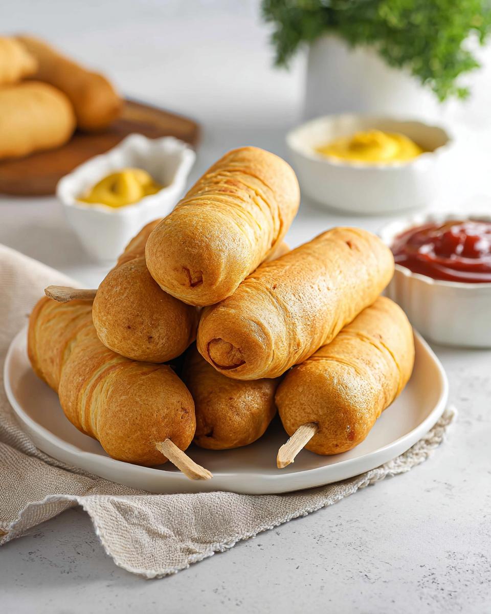A plate of mummy corn dogs with dipping sauces in the background.