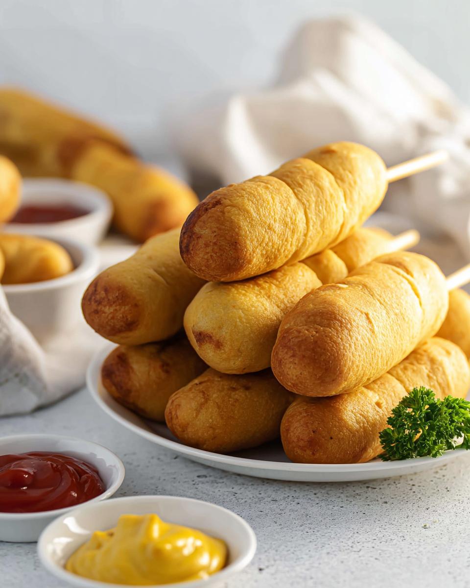 Plate of mummy corn dogs stacked with ketchup and mustard on the side.