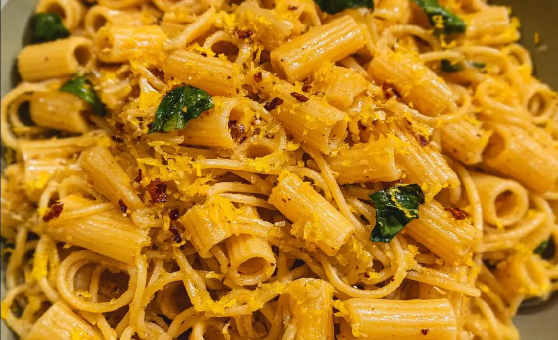 Close-up of One-Pan Lemon Garlic Pasta with rigatoni and spinach.