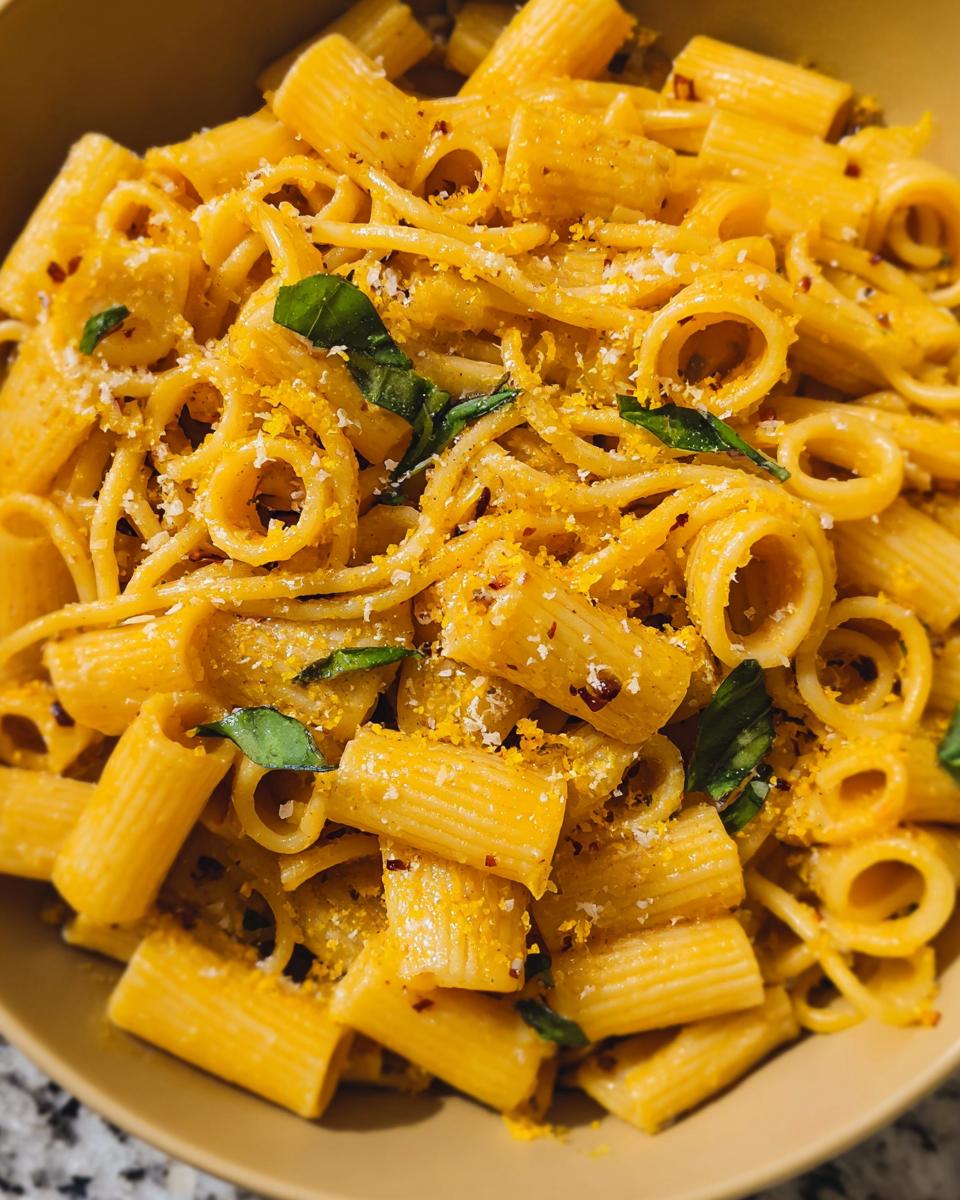 Delicious one-pan lemon garlic pasta topped with cheese and basil.