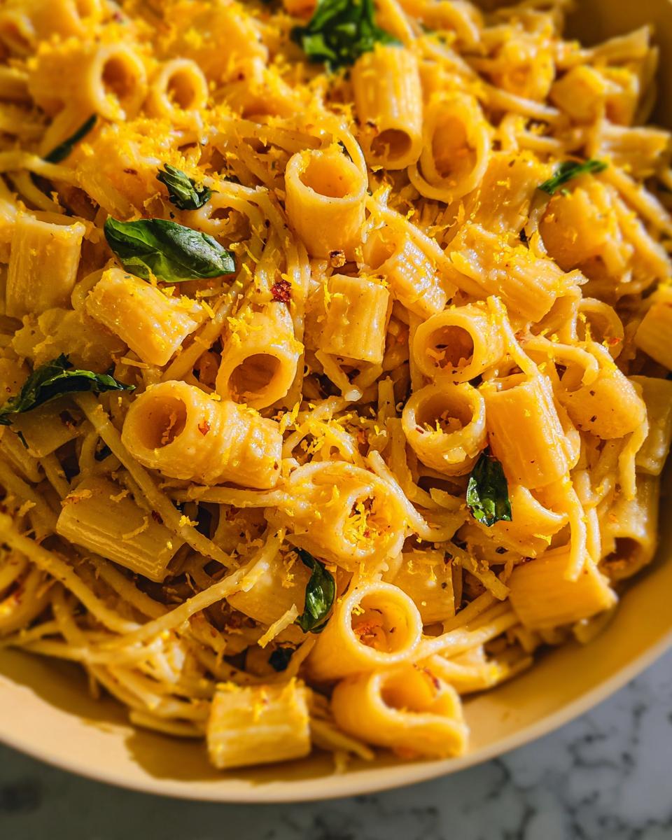 Close-up of one-pan lemon garlic pasta with rigatoni and basil.