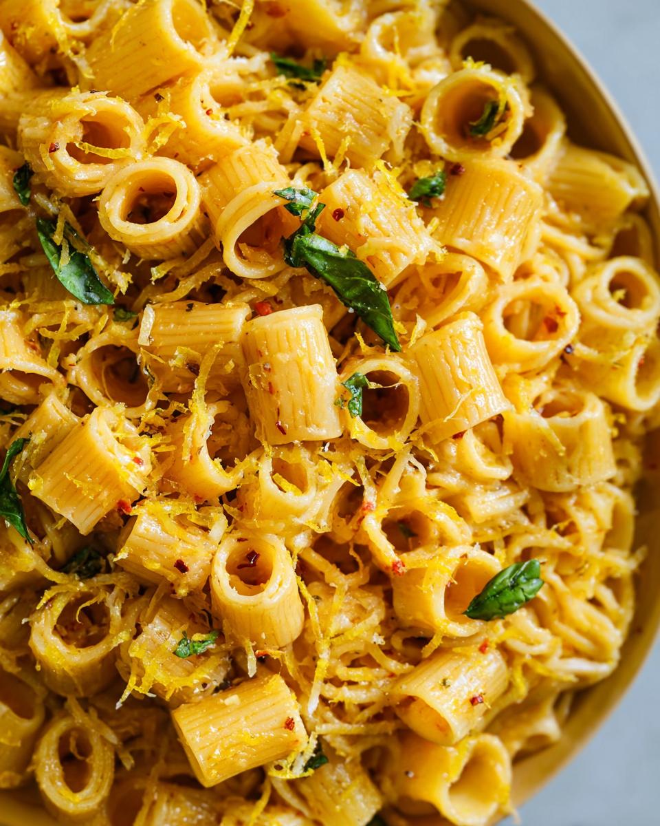 Close-up of One-Pan Lemon Garlic Pasta with lemon zest and basil.