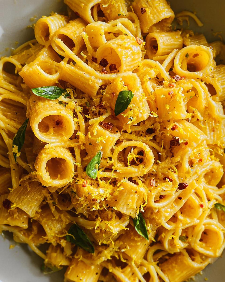 Close-up of One-Pan Lemon Garlic Pasta garnished with basil and lemon zest.