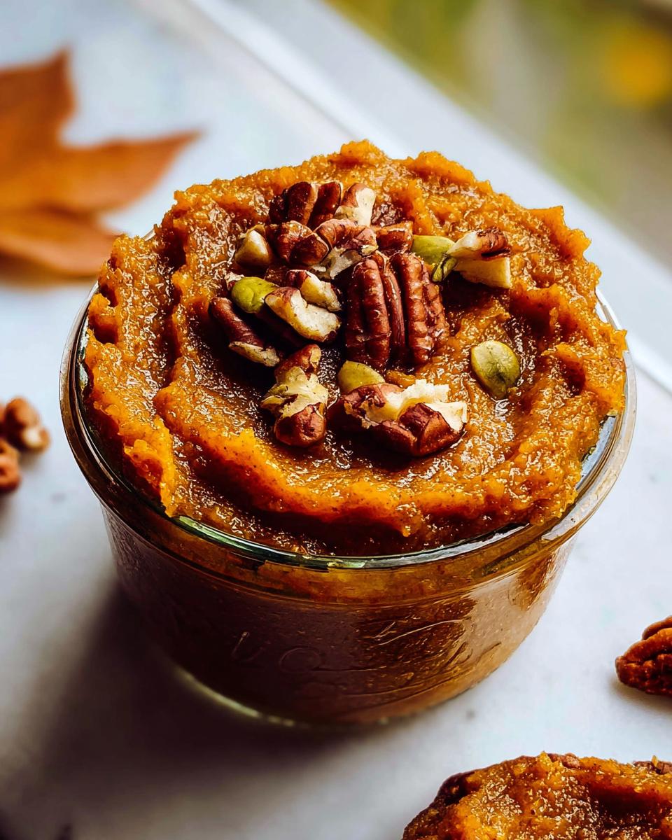 Jar of pumpkin butter topped with pecans and pumpkin seeds.