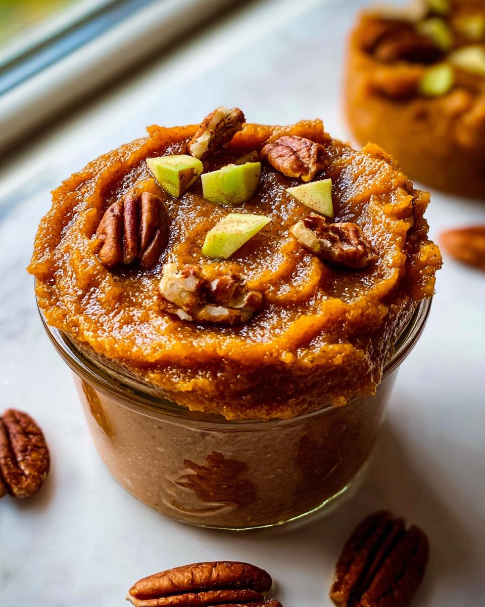 Jar of pumpkin butter topped with pecans and green apple pieces.