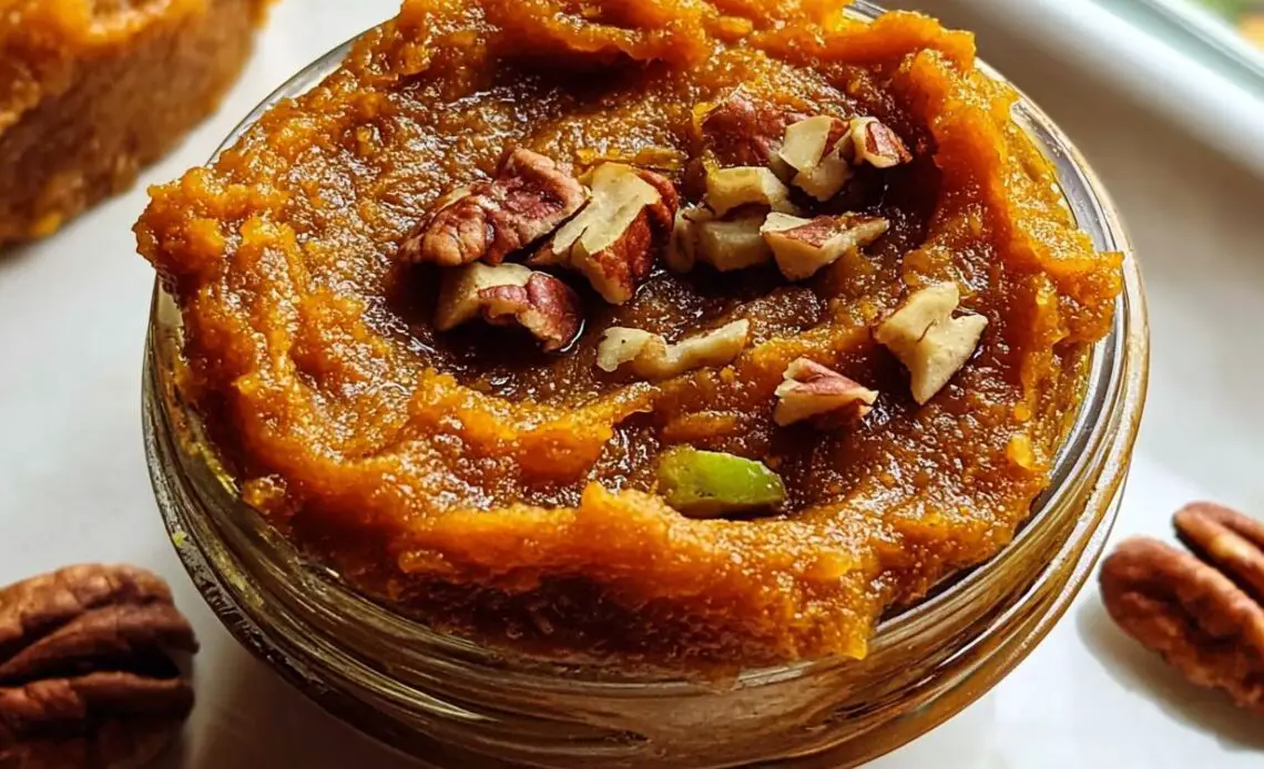 Jar of pumpkin butter topped with chopped pecans and apples.