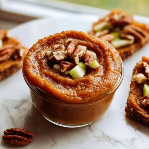 Bowl of pumpkin butter topped with apples and pecans, served with slices of bread.