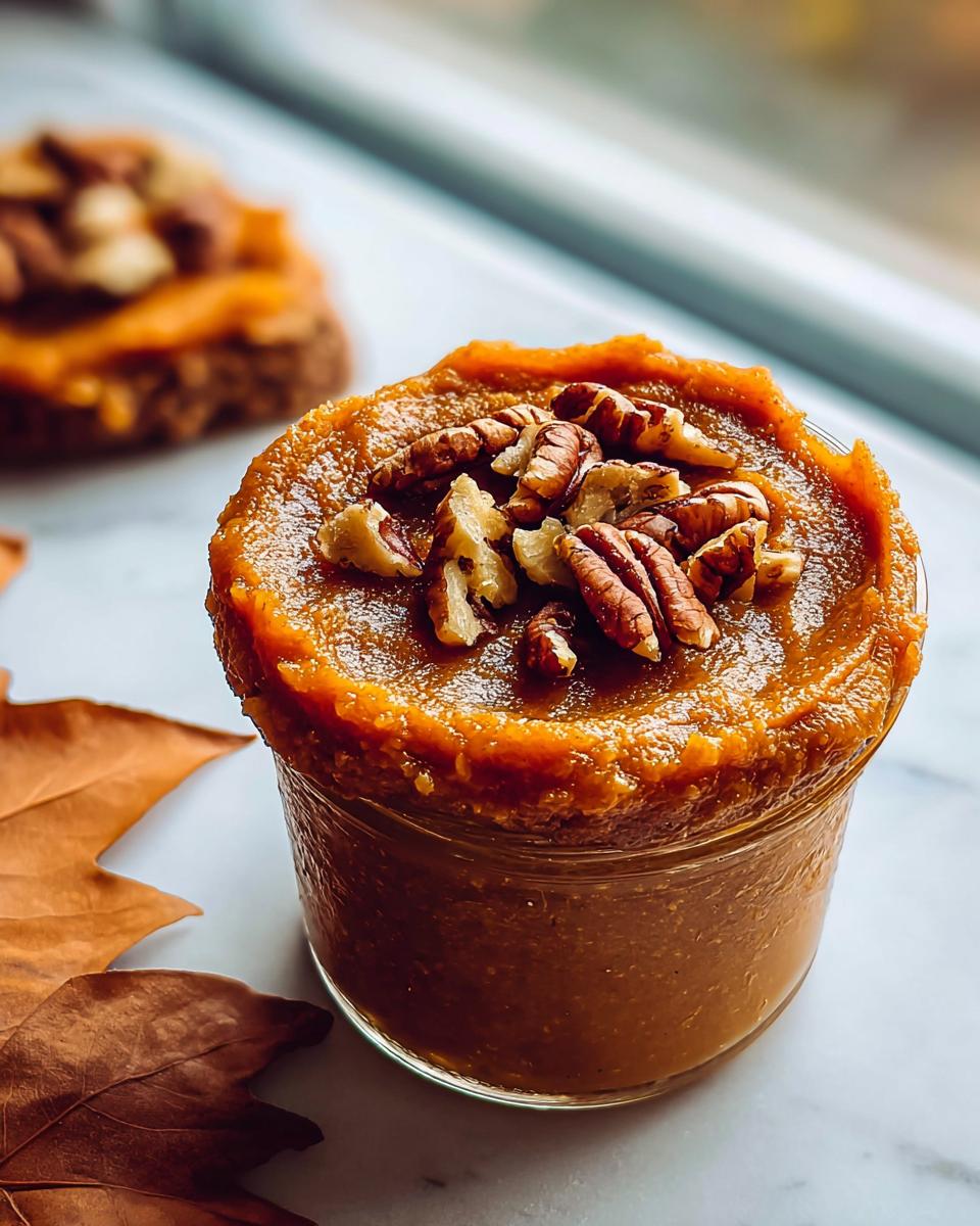 Jar of pumpkin butter topped with pecans, surrounded by autumn leaves.