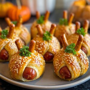 Plate of pumpkin patch pigs in a blanket bites with pretzel sticks and sesame seeds.