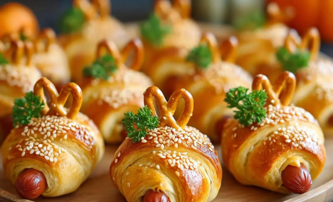 Delicious pumpkin patch pigs in a blanket bites with pretzel tops.
