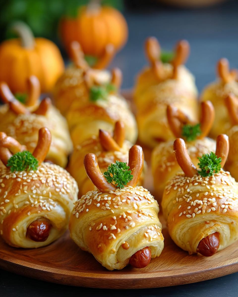 Delicious Pumpkin Patch Pigs in a Blanket Bites shaped like pigs with pretzel ears.