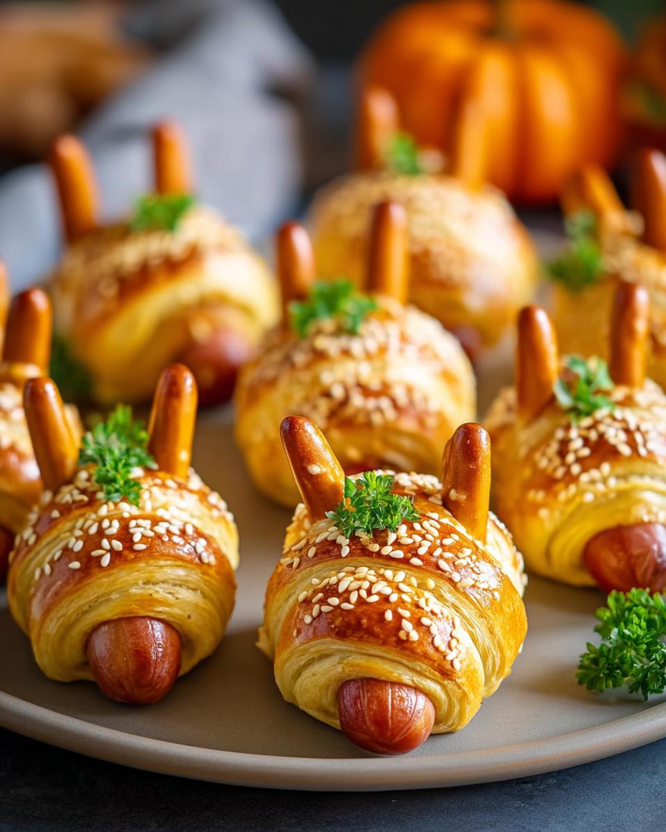 Plate of pumpkin patch pigs in a blanket bites with pretzel ears and sesame seeds.
