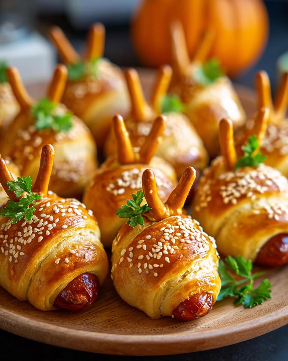 A platter of Pumpkin Patch Pigs in a Blanket Bites with pretzel sticks and sesame seeds.