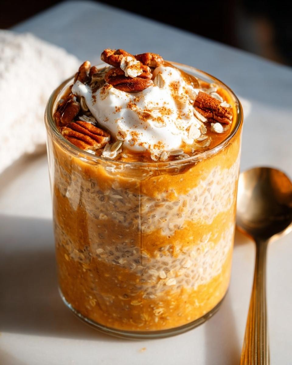 Delicious pumpkin pie overnight oats topped with whipped cream and pecans.