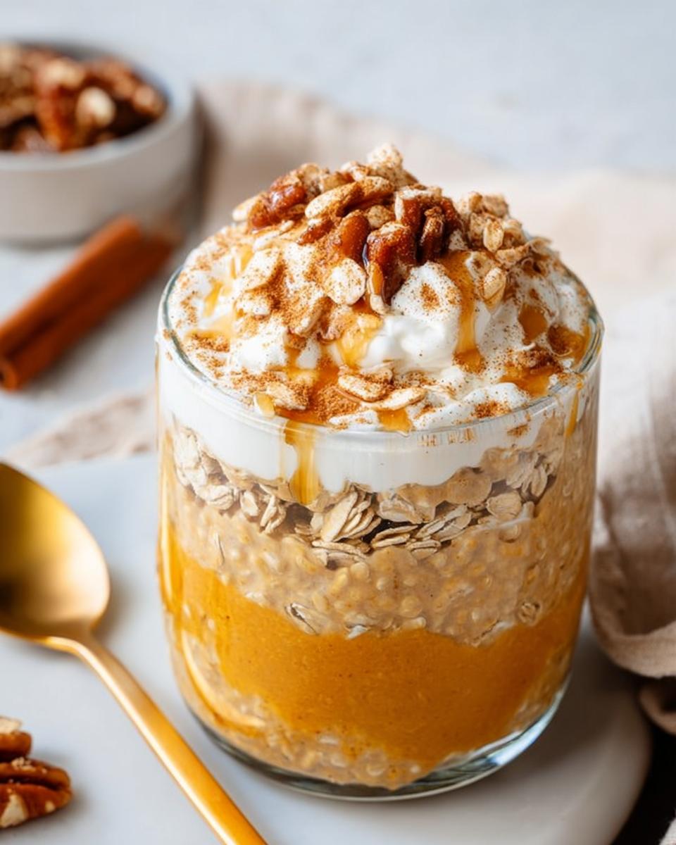 Layered pumpkin pie overnight oats topped with granola, nuts, and cinnamon.