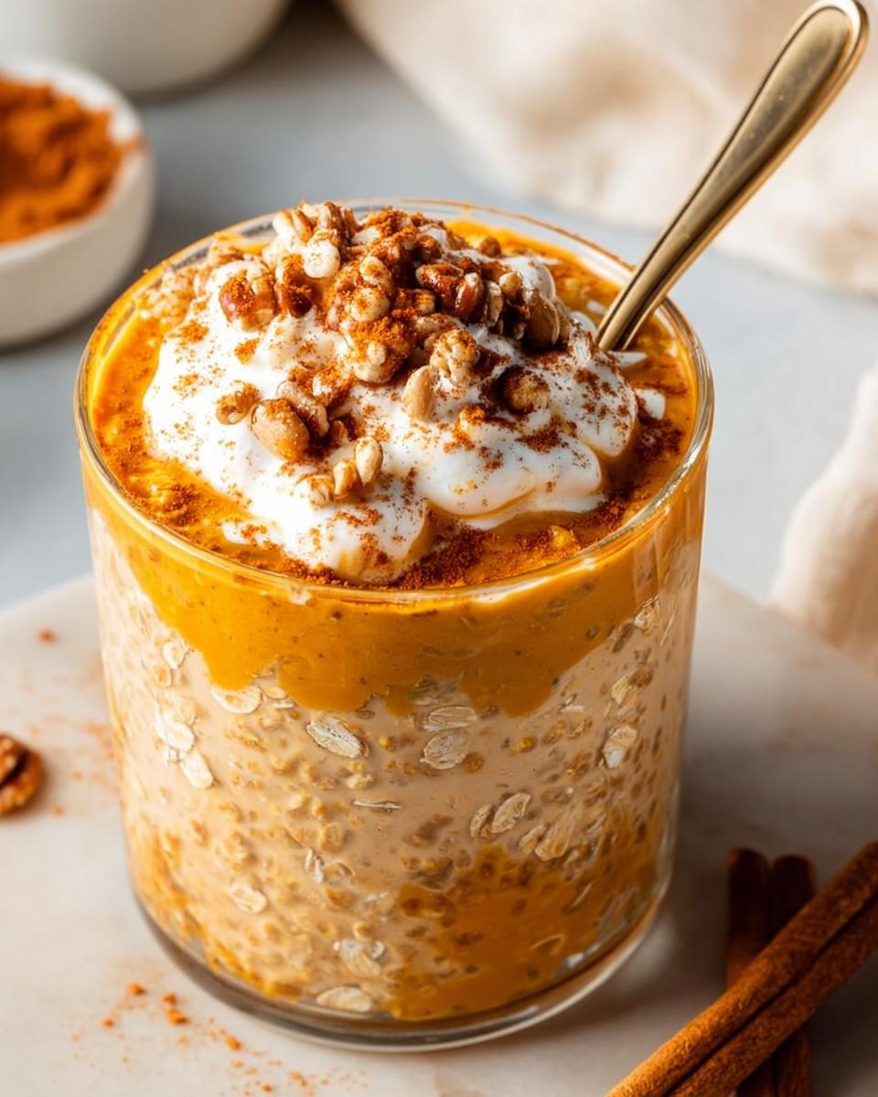 Close-up of pumpkin pie overnight oats topped with yogurt and granola.