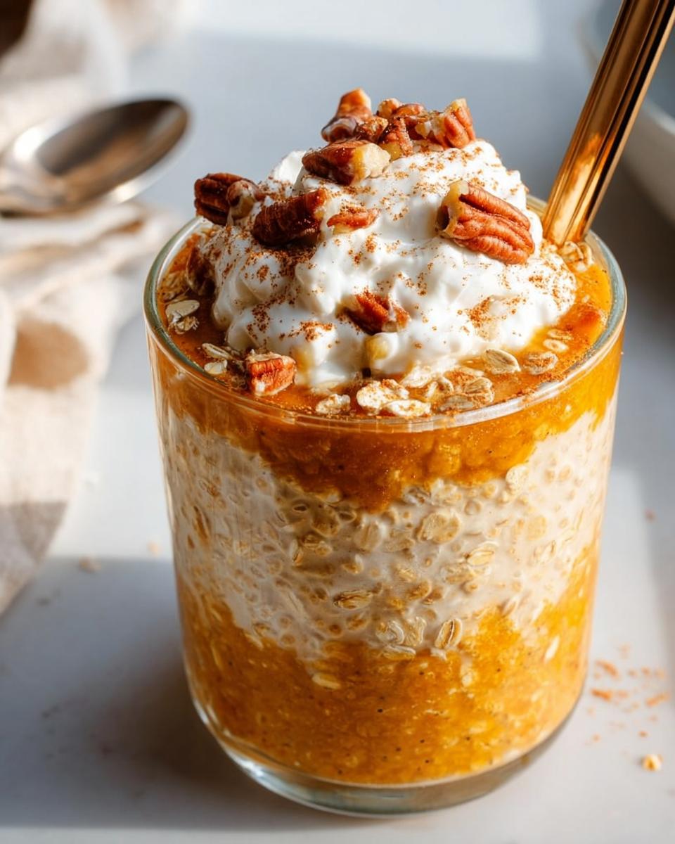 Glass of pumpkin pie overnight oats topped with whipped cream and pecans.