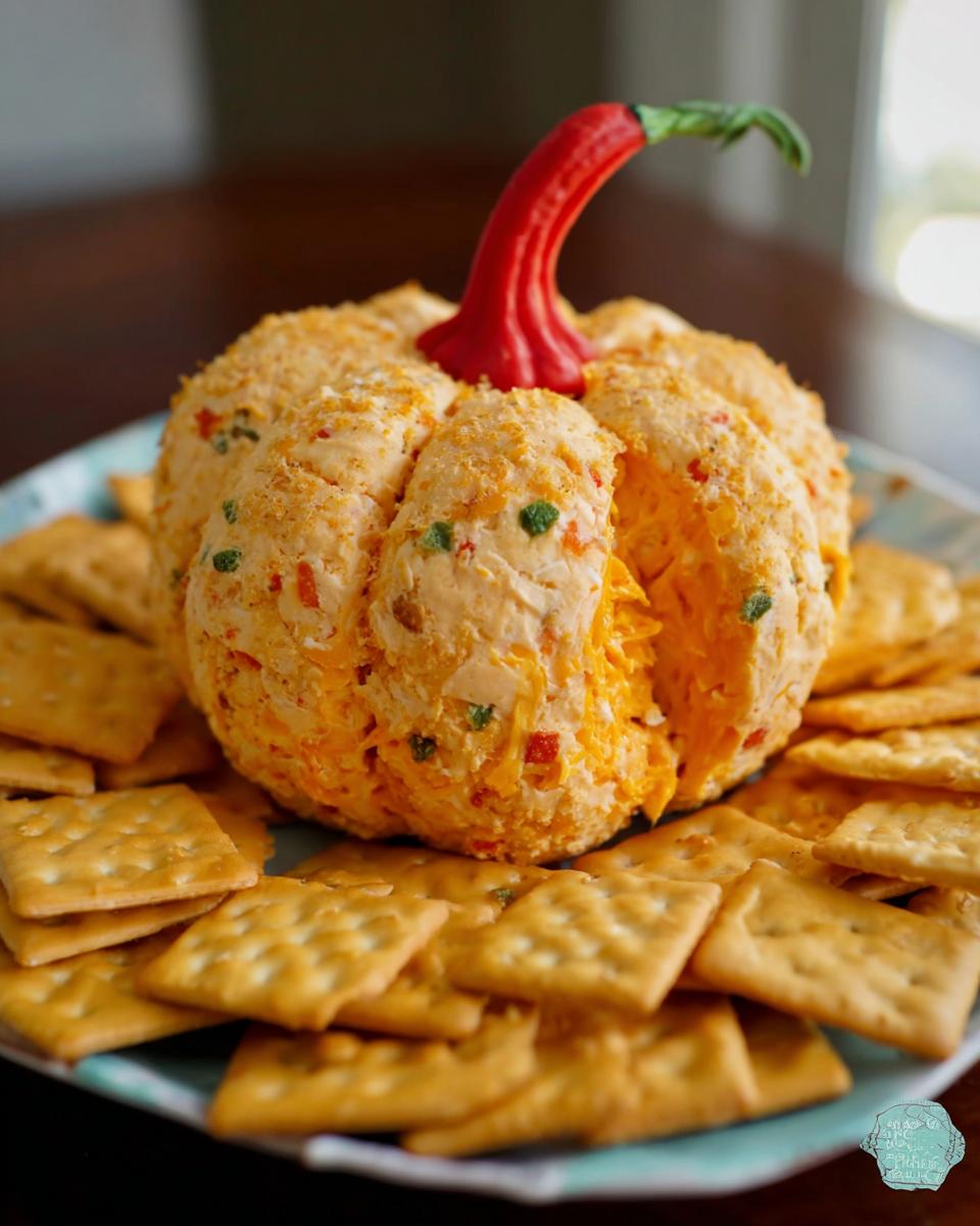 Pumpkin-shaped cheese ball surrounded by Ritz crackers on a plate.