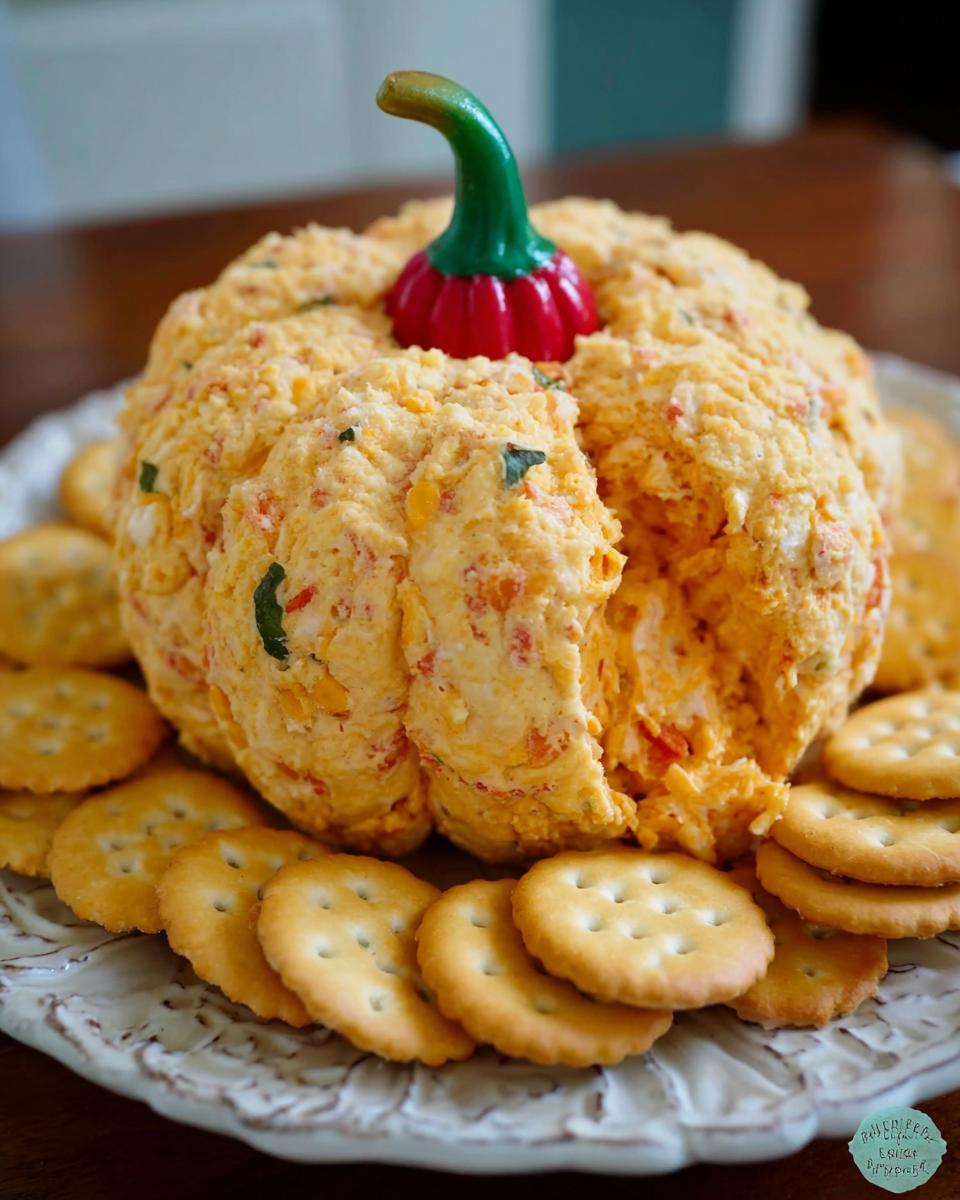 Pumpkin-shaped cheese ball decorated with a green stem and surrounded by Ritz crackers.