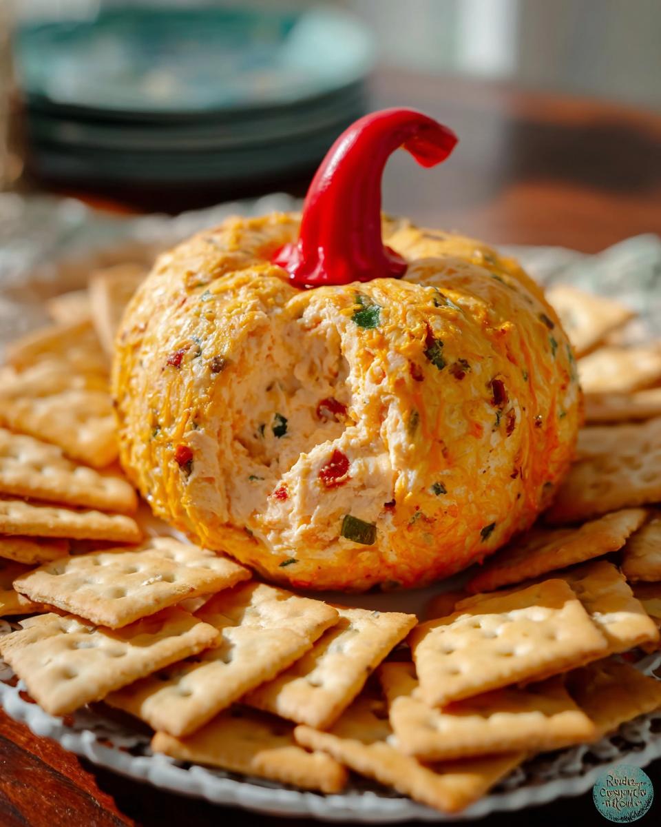Pumpkin-shaped cheese ball surrounded by Ritz crackers on a platter.