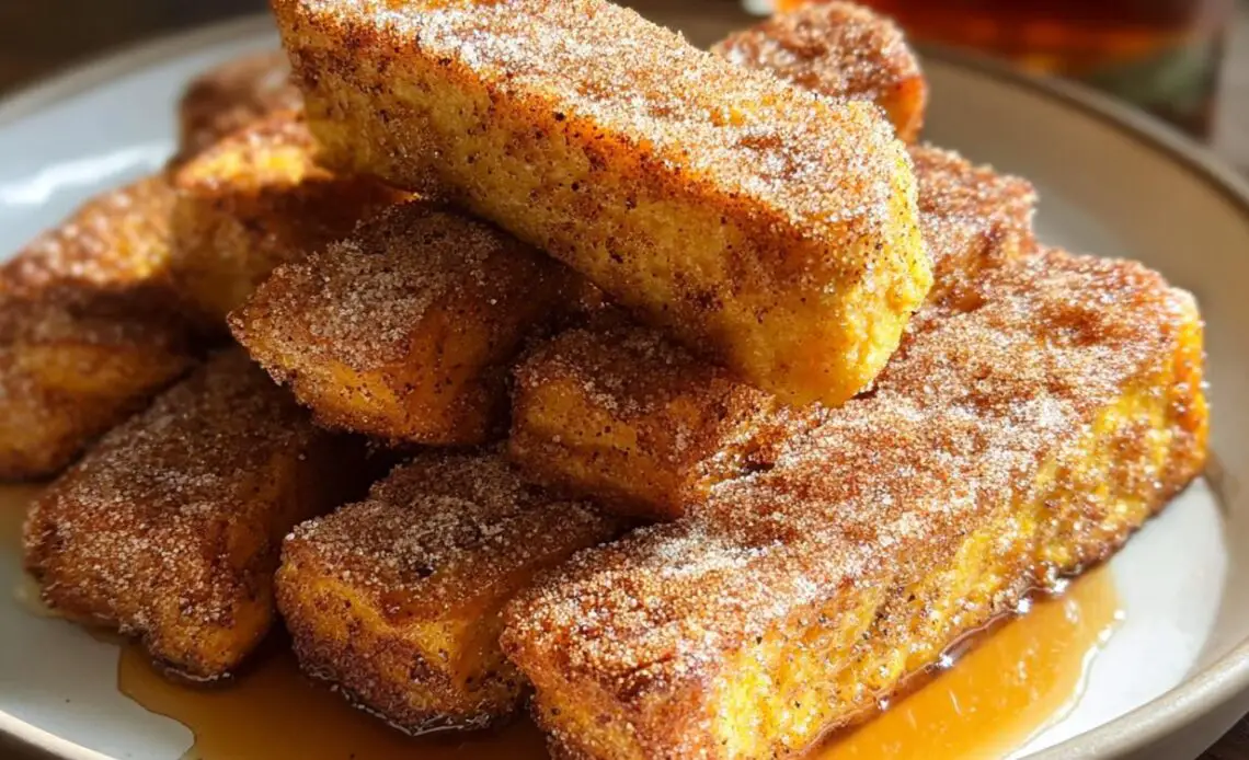 Plate of baked pumpkin spice French toast sticks coated in cinnamon sugar.