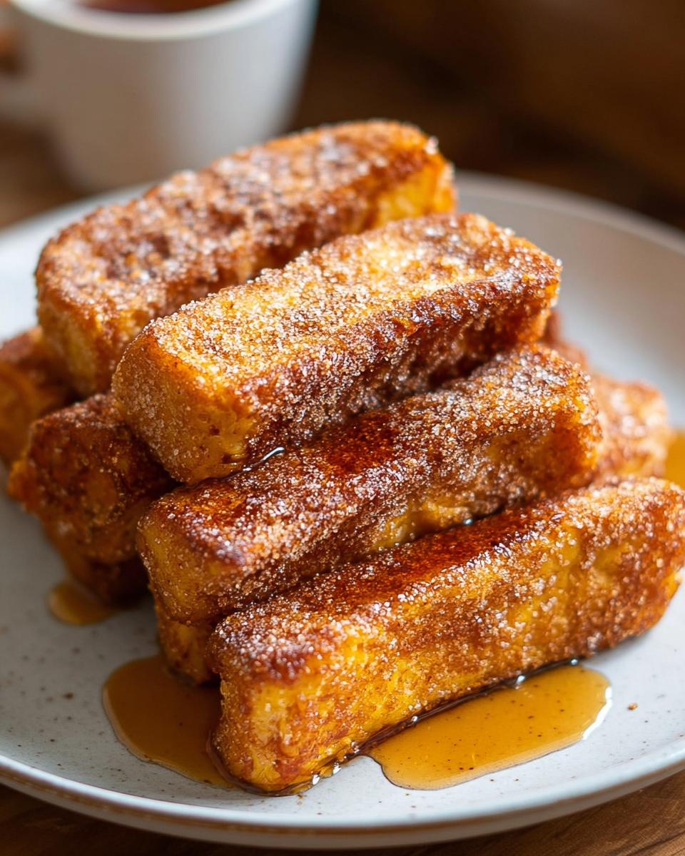 Stack of baked pumpkin spice French toast sticks drizzled with syrup.