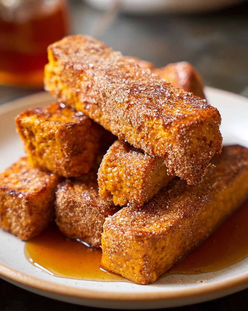Stack of baked pumpkin spice French toast sticks drizzled with syrup.