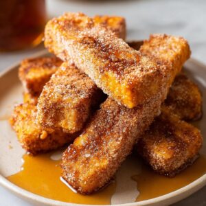 Plate of baked pumpkin spice French toast sticks drizzled with syrup.