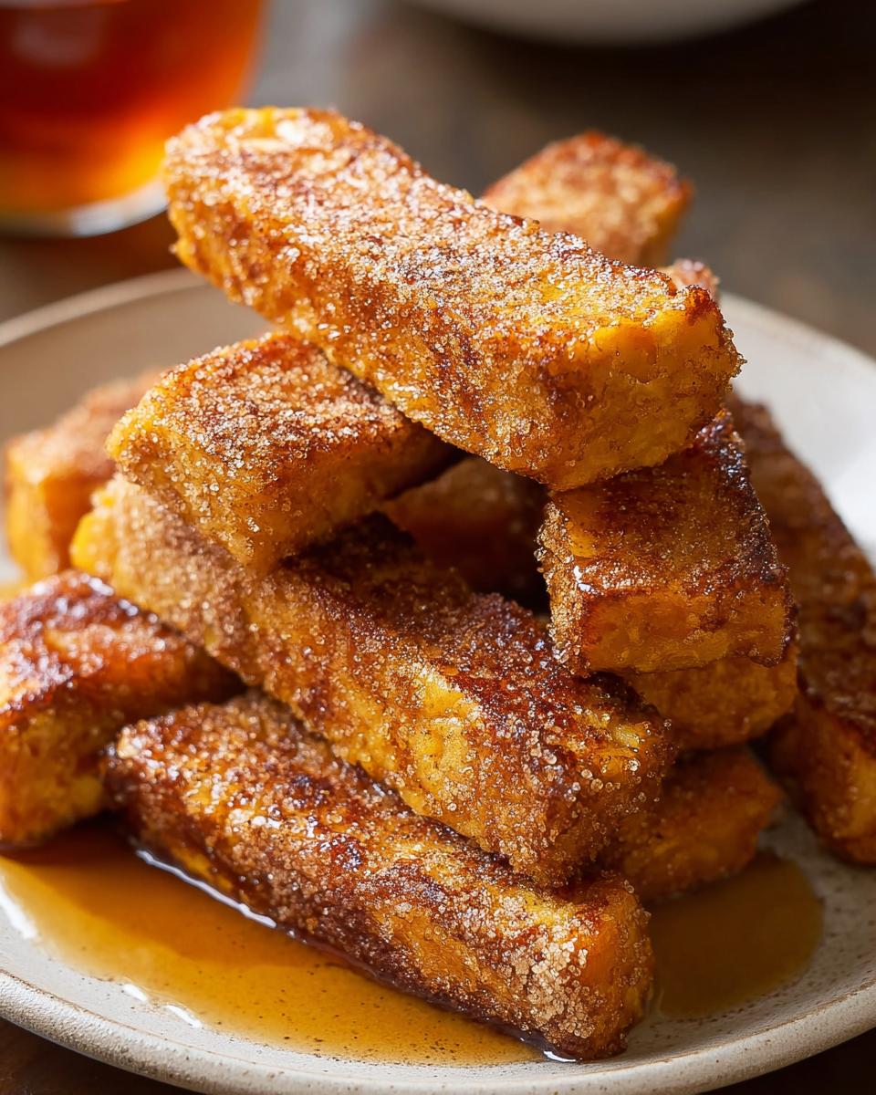 Stack of baked pumpkin spice French toast sticks drizzled with syrup.