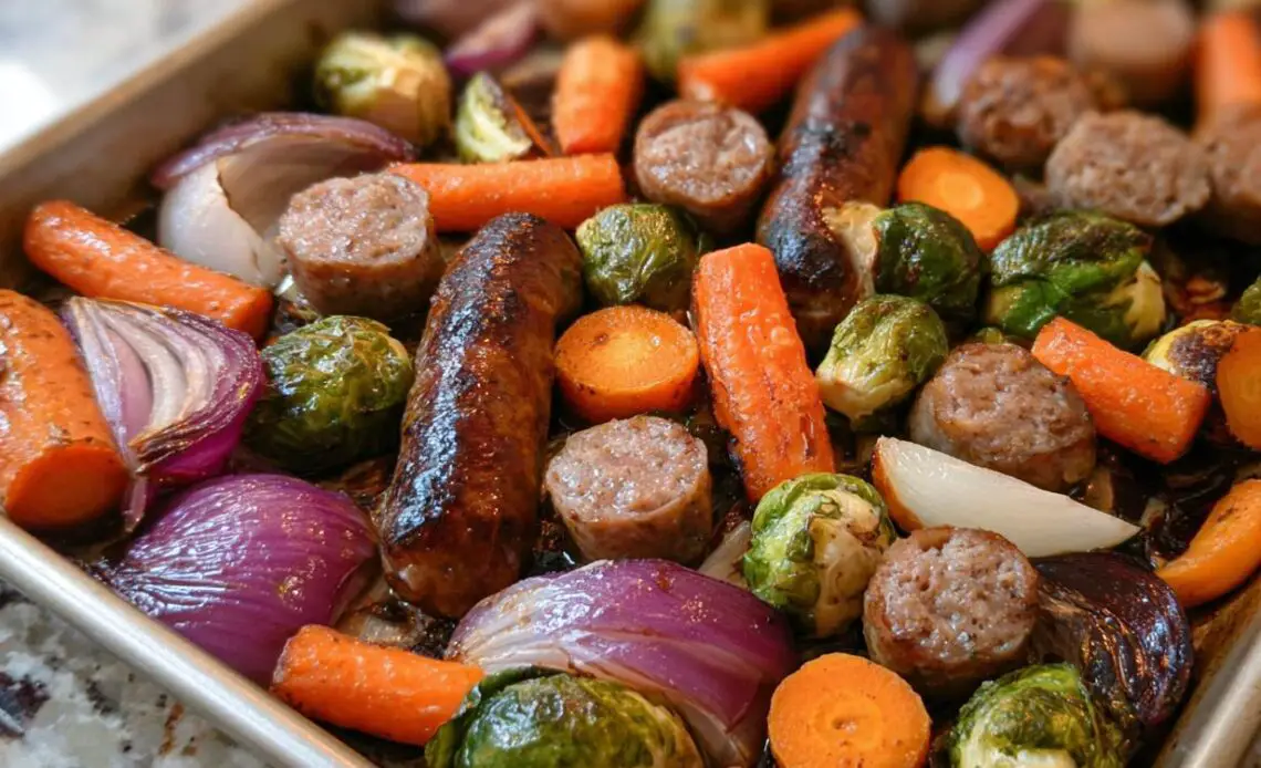Colorful sheet-pan sausage and veggies with carrots, Brussels sprouts, and onions.