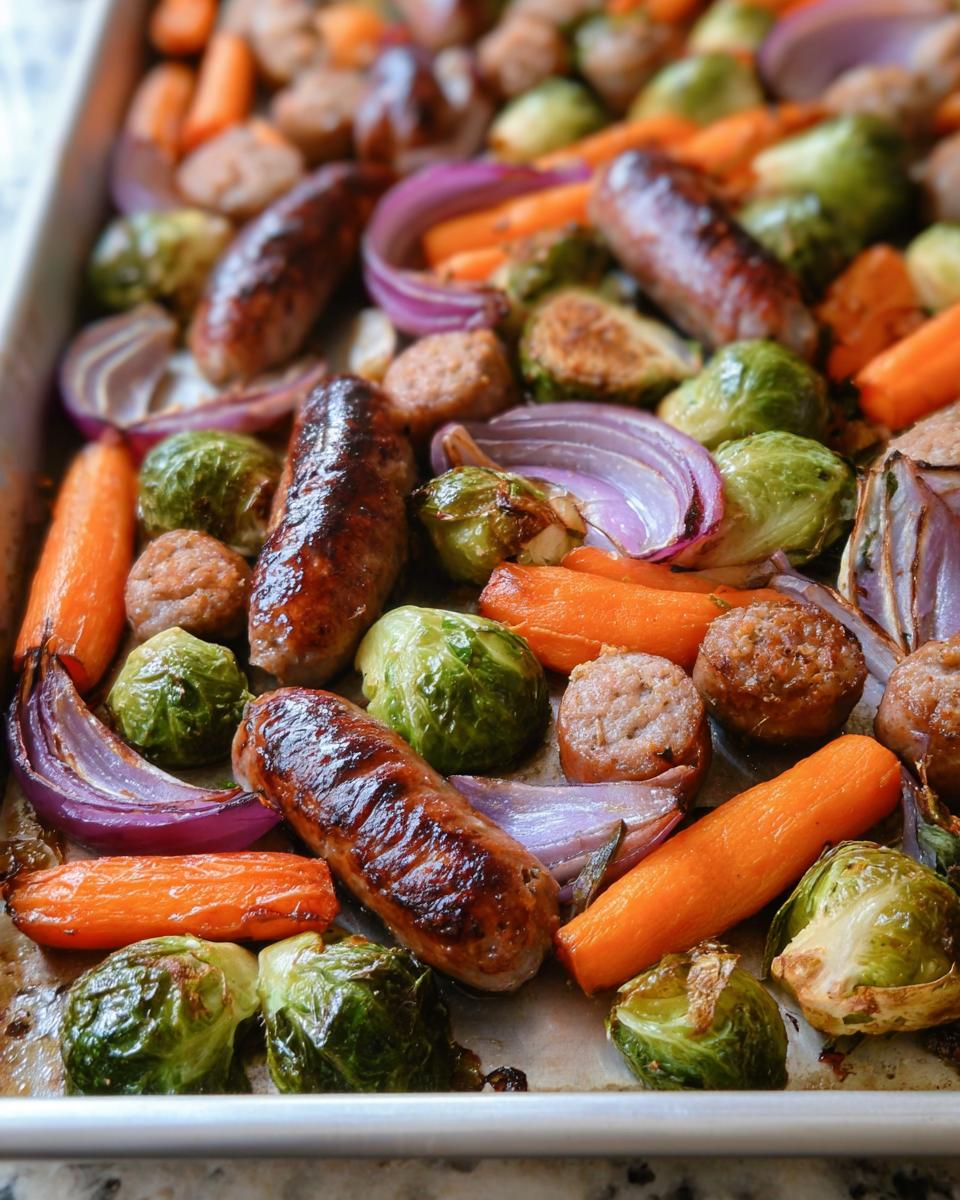 Colorful sheet-pan dish featuring sausage, Brussels sprouts, and carrots.