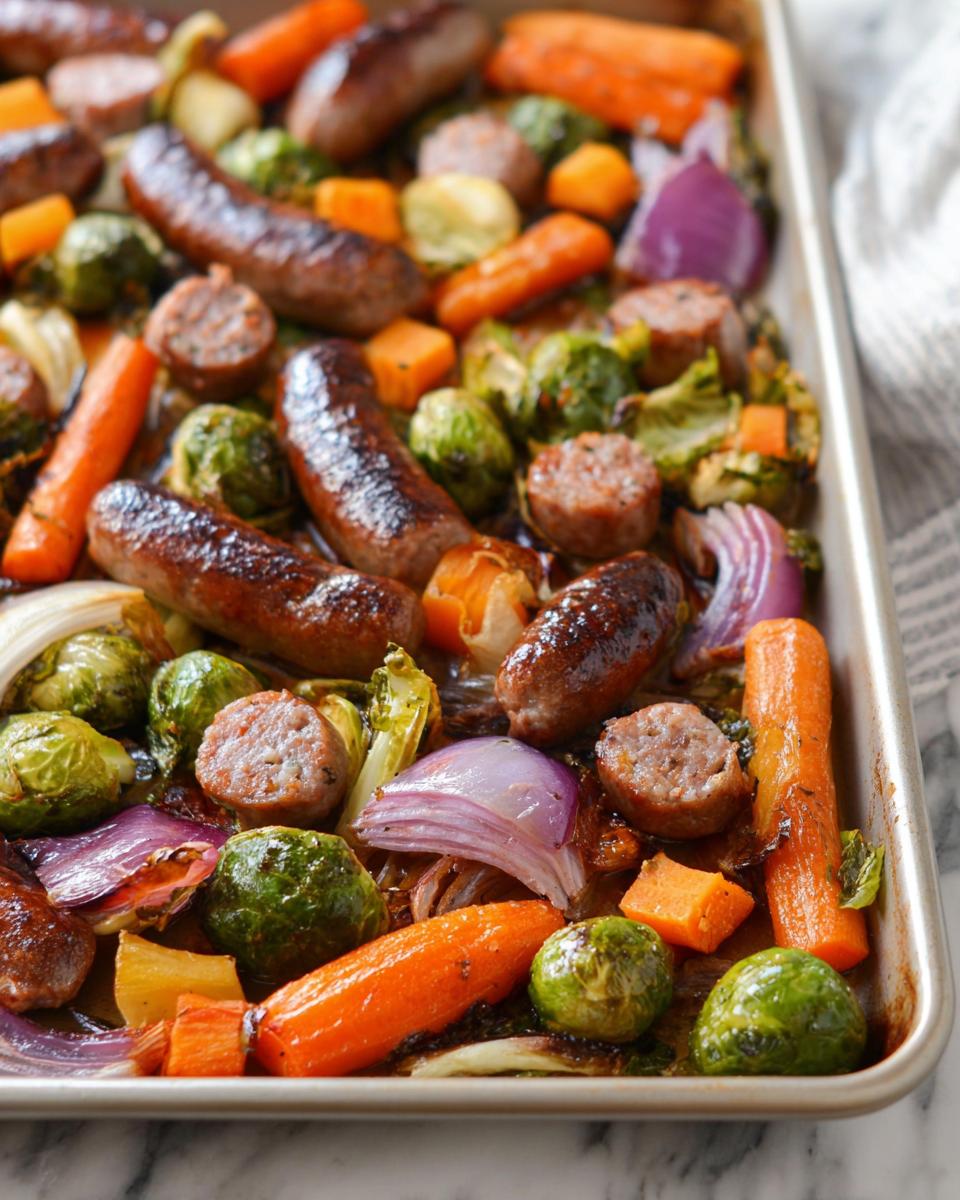 Colorful sheet-pan meal featuring sausage, carrots, and Brussels sprouts.