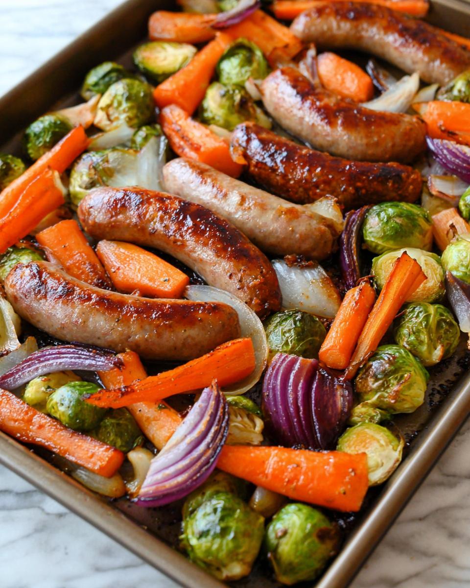 Colorful sheet-pan sausage and veggies with carrots and Brussels sprouts.
