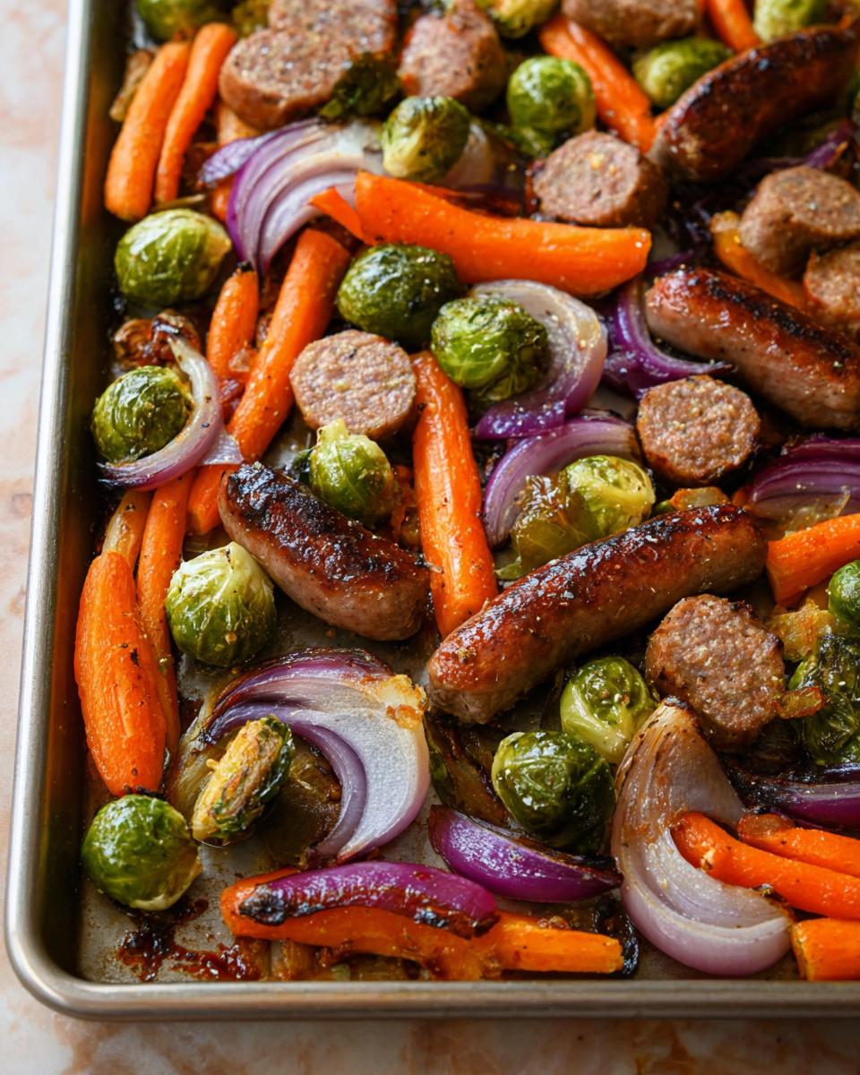 Colorful sheet-pan sausage and veggies with carrots, Brussels sprouts, and onions.