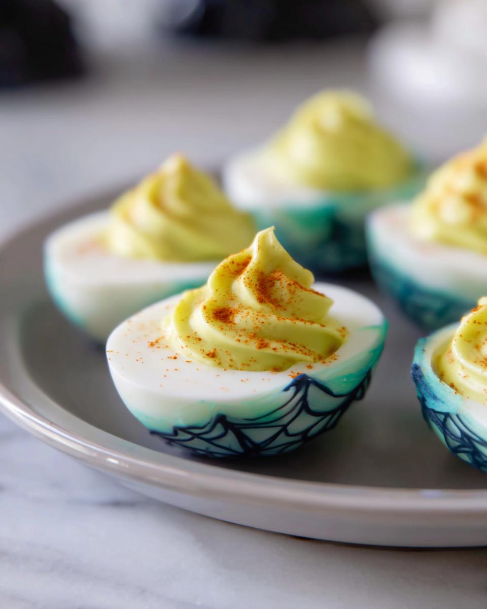 Close-up of spider deviled eggs topped with green filling and paprika webs.