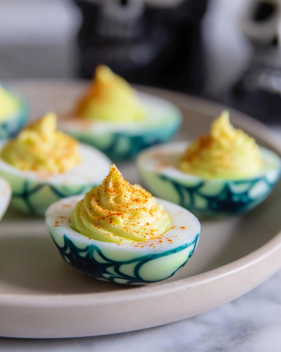 Colorful spider deviled eggs topped with paprika and a creamy filling.