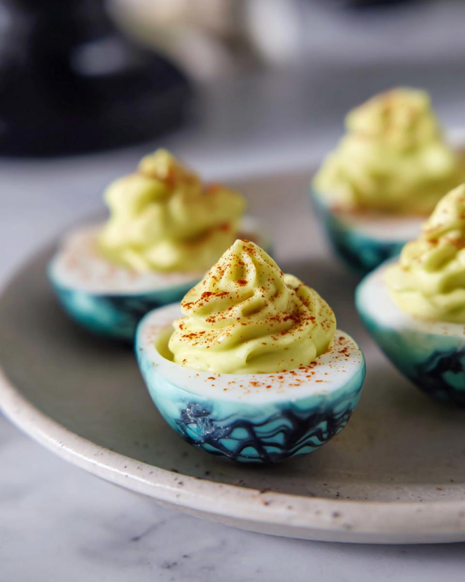 Close-up of Spider Deviled Eggs topped with paprika and a creamy filling.