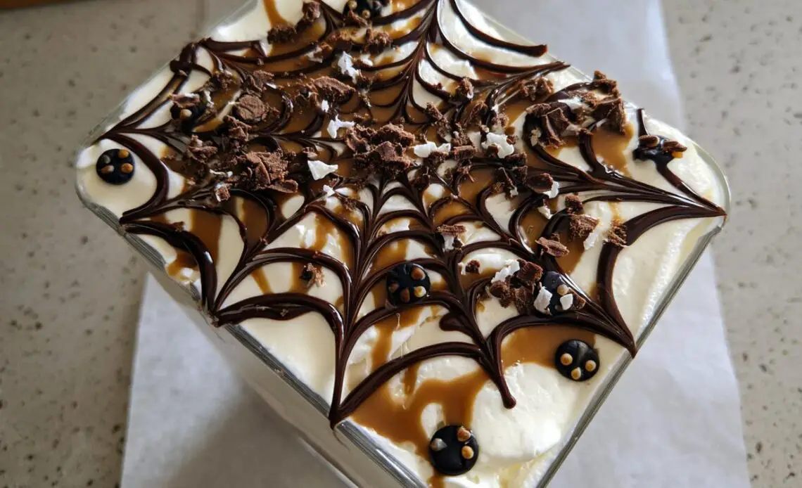 Top view of a Spider Web Yogurt Parfait decorated with chocolate web and caramel.
