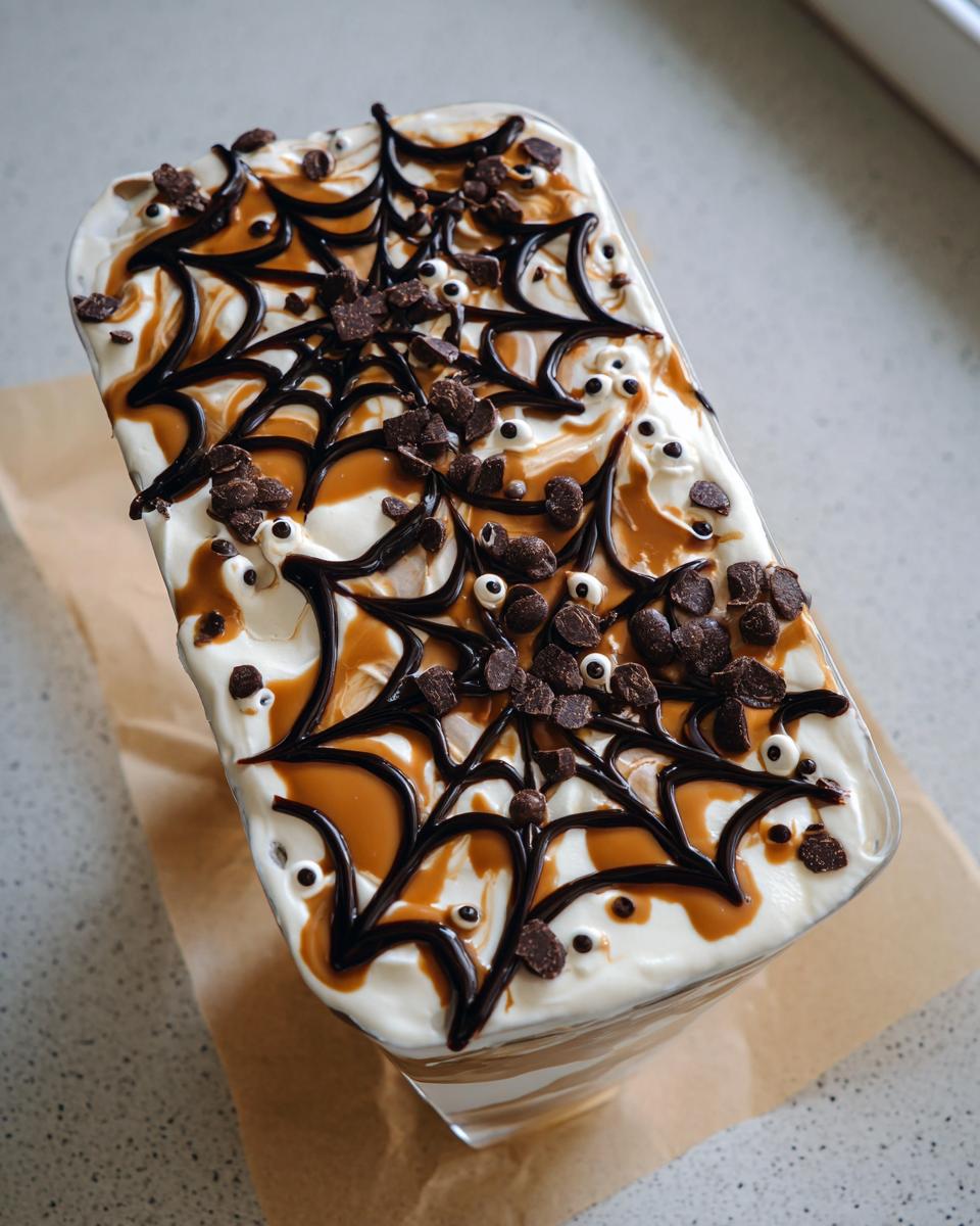 Top view of Spider Web Yogurt Parfaits decorated with chocolate and caramel.