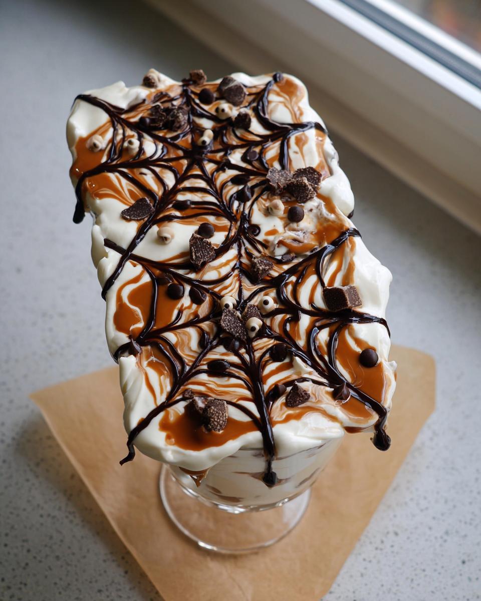 Delicious Spider Web Yogurt Parfait topped with chocolate and caramel.