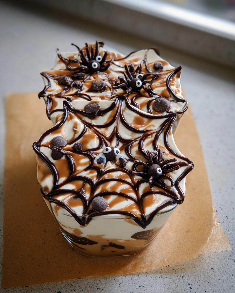 Close-up of Spider Web Yogurt Parfaits topped with chocolate spiders.