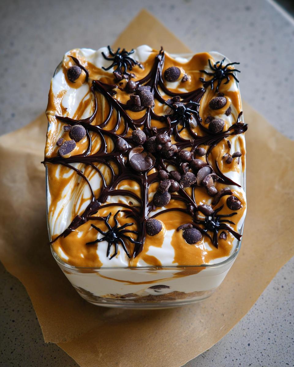 Top view of a Spider Web Yogurt Parfait decorated with chocolate and spiders.