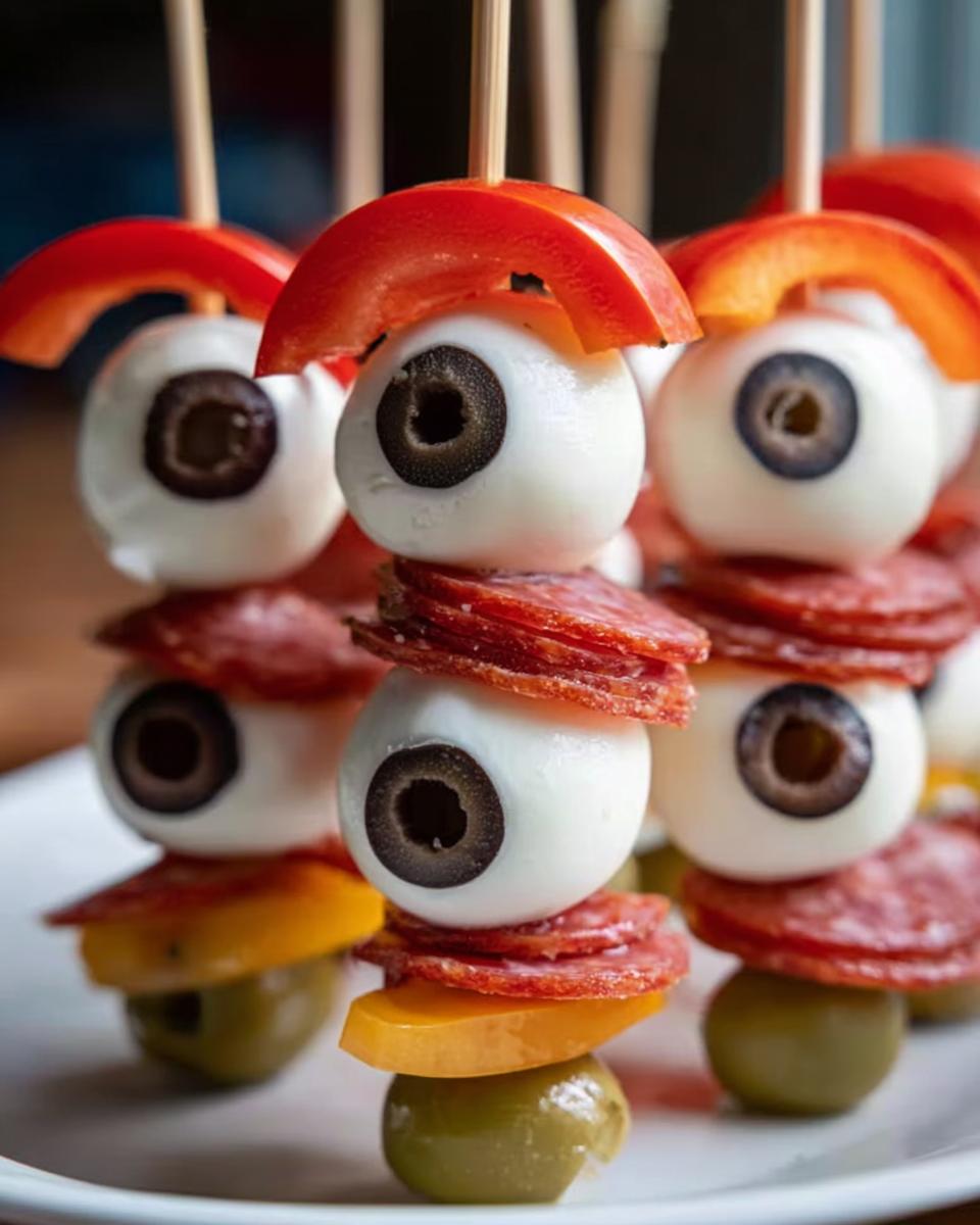 Creative spooky Caprese bites featuring mozzarella balls, olives, and peppers.