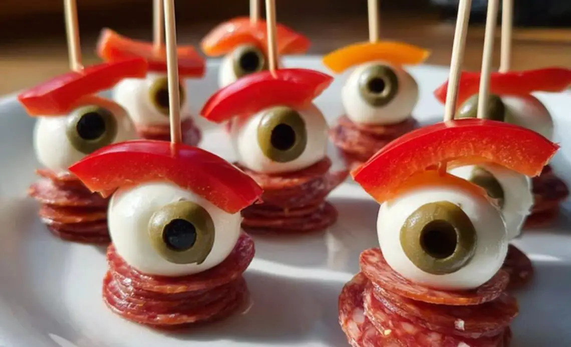 Plate of spooky Caprese bites featuring mozzarella eyeballs, olives, and red pepper.