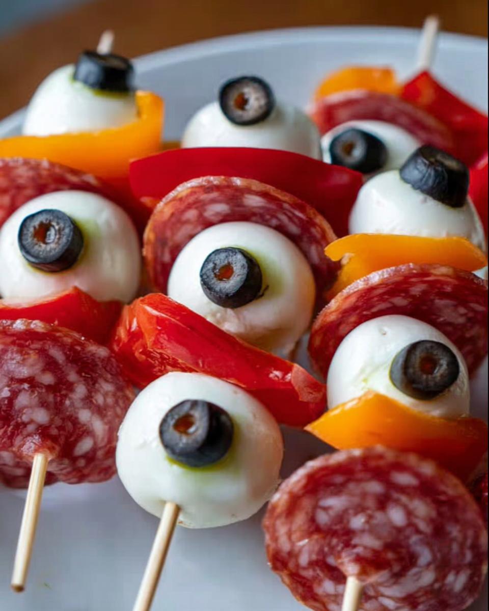 Close-up of spooky caprese bites featuring mozzarella eyeballs, olives, and salami.